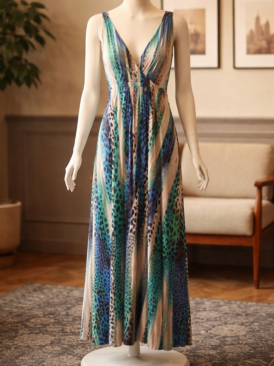 Fresh Of La Dresses & Skirts - Sleeveless V-Neck Maxi Dress in Blue and Green Animal Print